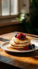 A plate of fluffy pancakes with maple syrup and berries, set on an elegant dining table in the morning light