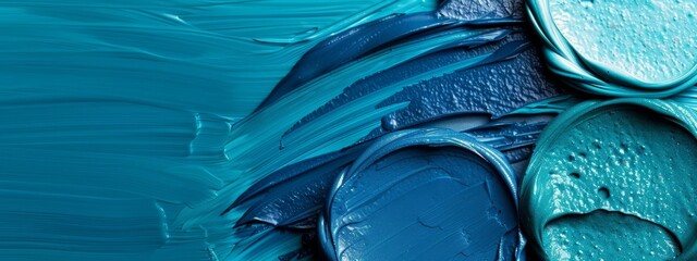  A tight shot of a blue and green palette with a raindrop atop a paintbrush's tip