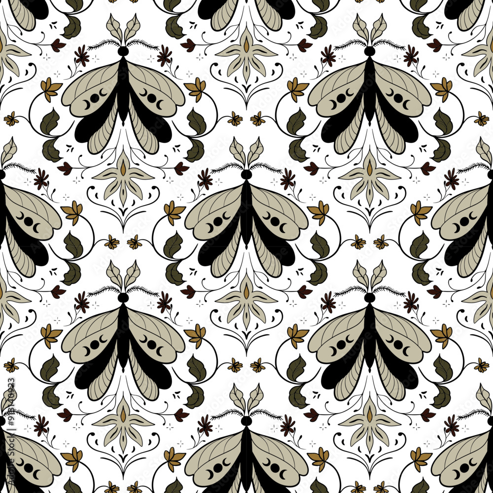 Mirror Side Pattern Seamless mirror pattern with moths and flowers in Scandinavian style ...