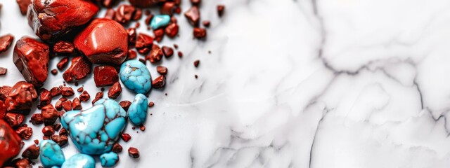 Poster -  A white marble floor is topped with a cluster of red and blue rocks