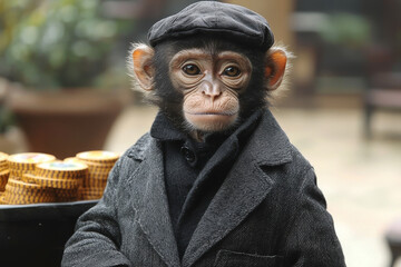 Animal Monkey plays poker blackjack in a casino, fantasy