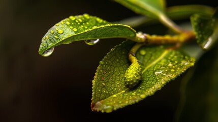 Wall Mural -  A tight shot of a verdant leaf, adorned with pearls of water, against a soft, indistinct backdrop of wet foliage