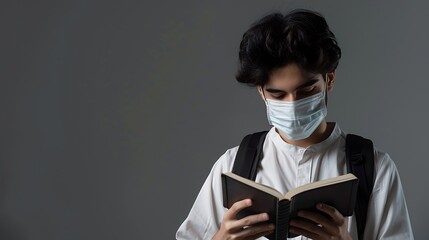 Wall Mural - Isolated Young Saudi Student Use Mask Wearing White Reading a Book Read Quran