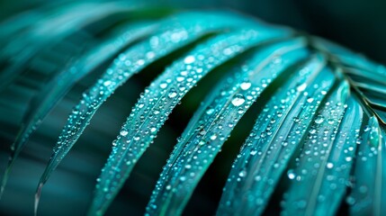 Wall Mural -  A green leaf, tightly focused, adorned with water droplets Dark backdrop