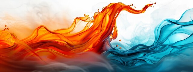 Wall Mural -  A painting of oranges and blues in swirling forms against a white and blue backdrop; a red and blue swirl gracefully situated to the image's left