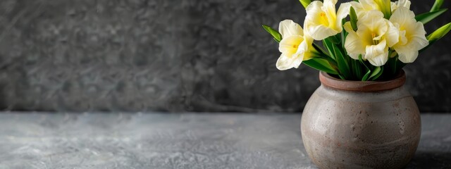 Wall Mural -  A vase, brimming with yellow and white blooms, sits atop a gray table Nearby, a black-and-white wall stands