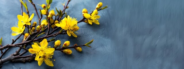 Wall Mural -  A cluster of yellow blooms atop a blue background, featuring a central twig