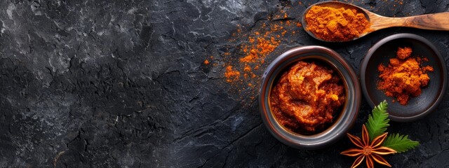 Wall Mural -  Two bowls brimming with food placed beside an orange star anis on a black stone surface