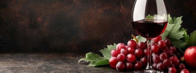 Poster -  A glass of red wine, a cluster of grapes, and a bundle of green leaves on a weathered stone surface