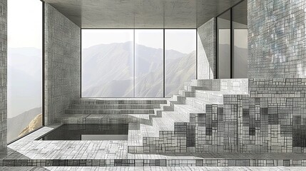 Poster -   Stairs leading to window with mountain range view