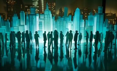 In Abstract City, businesspeople talk in the abstract environment of modern skyscrapers and copy space. 3D rendering.