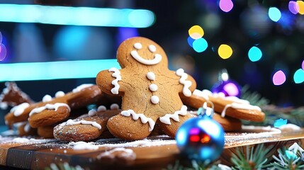 Poster -   A close-up of a plate of gingerbreads on a table with a Christmas tree and lights in the background