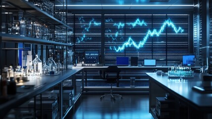 Poster - A contemporary lab featuring tables with glassware and advanced technology, illuminated by ambient lighting as graphs display data on a large screen