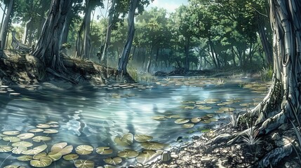 Canvas Print -   A river painting with lilies adrift on water and a dense tree line in the background