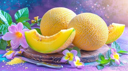 Poster -   A Melon, cut up and resting atop a wooden board alongside flowers and a knife positioned on a purple surface