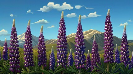 Sticker -  A stunning artwork of lush purple blooms in front of majestic mountains against a clear blue sky and fluffy white clouds