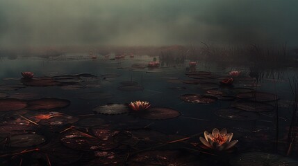 Wall Mural - a lush green forest near a tranquil lake is shrouded in mist, with water lilies gracefully floating 