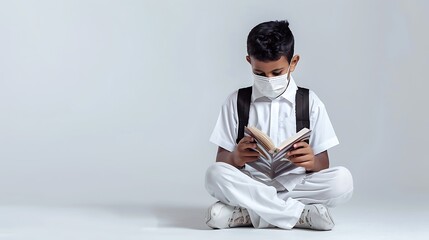 Wall Mural - Student Wearing Face Mask Reads Textbook Read Quran