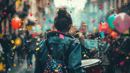 Wall Mural - View of the back side of a little girl during a parade with lots of confetti flying