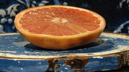 Sticker -  A grapefruit cut in half sits atop a blue plate on a blue-white tablecloth