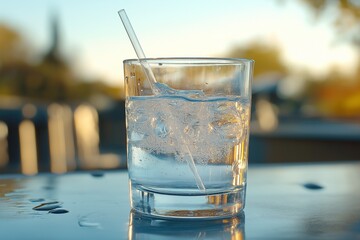 Close-up of a glass of sparkling water with ice and a straw on a sunny day