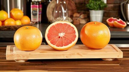 Poster -   Two halved grapefruits on a cutting board on a kitchen counter