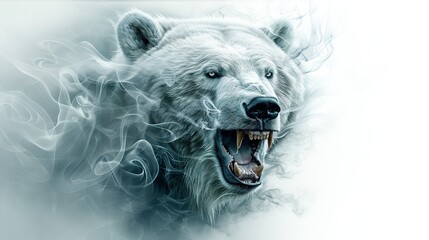 Canvas Print -   A white bear with its mouth open, appearing as if its jaw is wider with smoke emanating from within