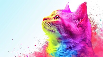 Wall Mural -   Multicolored paint splatters adorn a feline's visage in this close-up portrait