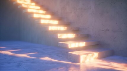 Poster -   Stairs leading to a wall with light emanating from top stair