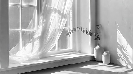 Wall Mural -   A monochrome image of a window adorned with a drape and a vase containing a potted plant on the ledge