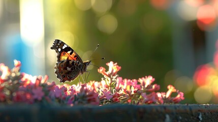 Canvas Print -   A close-up of a butterfly perched on a plant with pink flowers in the foreground and a blurred background