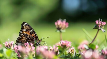 Wall Mural -   A close-up photo of a butterfly perched on a blooming flower against a fuzzy backdrop of pink blossoms