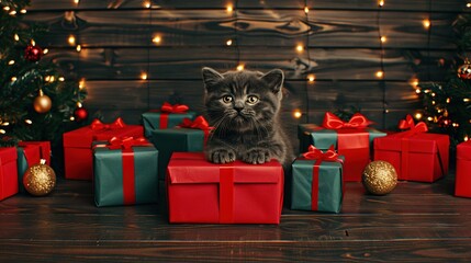 Wall Mural -   A black kitten sits on a present pile beneath Christmas tree