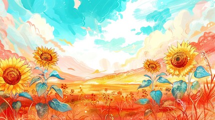 Sticker -   Painted scene of sunflower field beneath a blue cloud-dotted sky