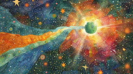 Poster -   A painting depicts a luminous yellow sphere at the heart of a radiant green orb, surrounded by an array of celestial stars