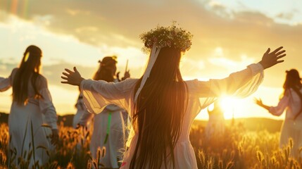 Wall Mural - Women in White Dresses Dancing in Field at Sunset