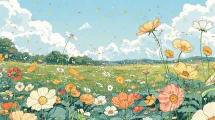 Sticker -   A beautiful field of yellow, orange, and white flowers stands out against a serene blue sky with fluffy clouds