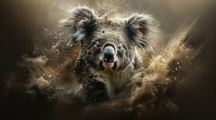 Wall Mural -  A digital painting depicts a koala bear amidst dust and water, with opened eyes against a dark backdrop