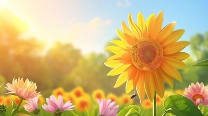 Poster -   Sunflower field with bee and blue sky