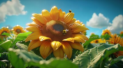 Poster -   Sunflower with Bee - Field of Sunflowers