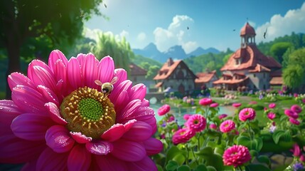 Sticker -   A pink bee-covered bloom surrounded by fields and a house background