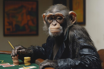 Animal Monkey plays poker blackjack in a casino, fantasy