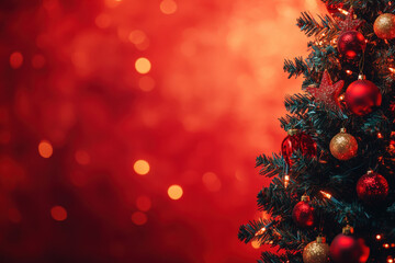 Poster - Christmas tree decorated with red and gold ornaments glittering on red background with copy space