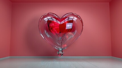 Wall Mural -   In a room adorned with pink walls and a white floor, there floats a heart-shaped balloon