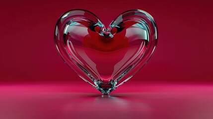 Wall Mural -   A heart-shaped glass object rests atop a pink surface, reflecting its own image within the glass