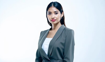 Canvas Print - Lifestyle portrait of a Saudi Arabian woman in her 40s in a white background wearing a sleek suit