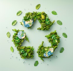 Wall Mural - eco-friendly recycling symbol with earth globes and green foliage promoting sustainability