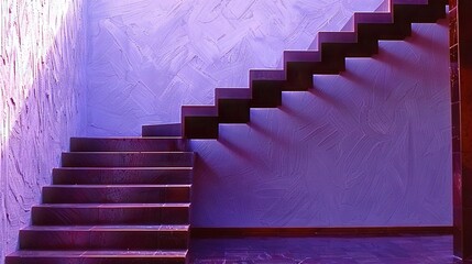 Poster -   A set of stairs leads to a purple wall with a cat perched atop one step