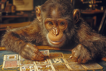 Animal Monkey plays poker blackjack in a casino, fantasy