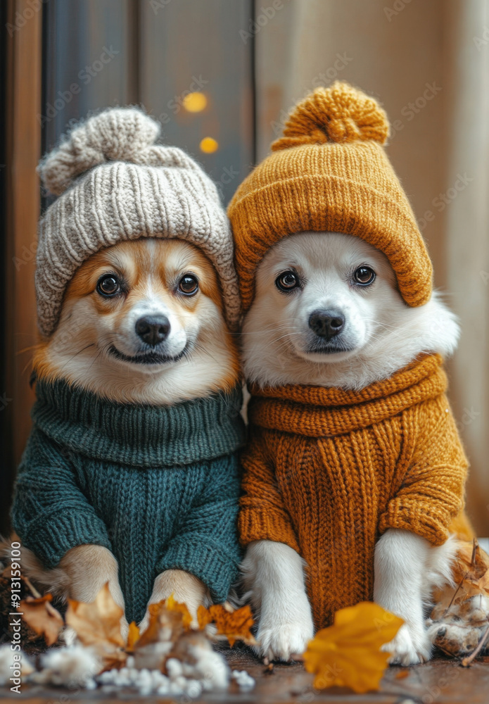 Two dogs wearing hats and sweaters are sitting next to each other Stock ...
